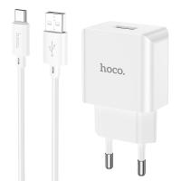 Сетевое зарядное устройство с кабелем hoco. модель C106A, USB-A 10.5Вт, каб Type-C 1м, цвет: белый