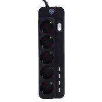 Удлинитель, сетевой фильтр 5 гнезд BY 2м, 4xUSB (3А), 0,75кв.мм,10А,2500Вт, чёрный