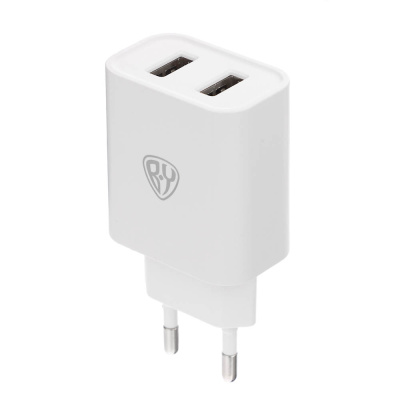 Сетевое зарядное устройство BY Double 10Вт, 2xUSB, 2А, 5В,110-240В, 50-60Гц, пластик белый