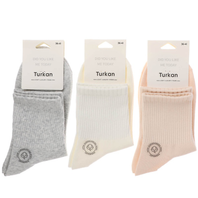 Носки женские высокие в рубчик, тм Turkan, р. 36-41, 90%хлопок, 8% п/а, 2%лайкра,цвета в ас-те,7158