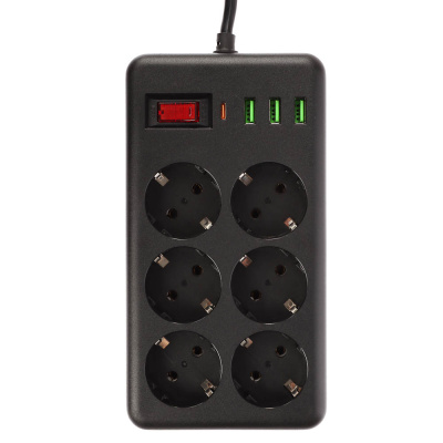 Удлинитель, сетевой фильтр 6 гнезд 3м BY Black, 3*USB, 1*type-C,выкл., 2500Вт,чёрный