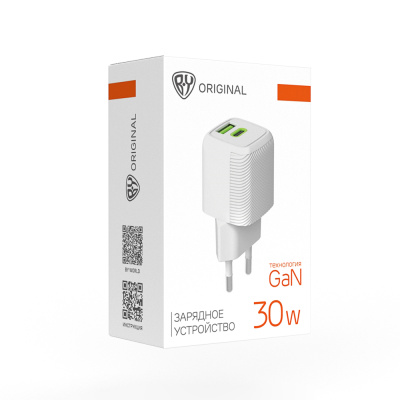 Сетевое зарядное устройство BY MINI 30Вт GaN,USB-C, USB-A, QC,PD,PPS,110-240В,50-60Гц,пластик,белый