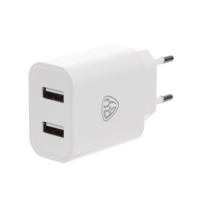 Сетевое зарядное устройство BY Double 10Вт, 2xUSB, 2А, 5В,110-240В, 50-60Гц, пластик белый
