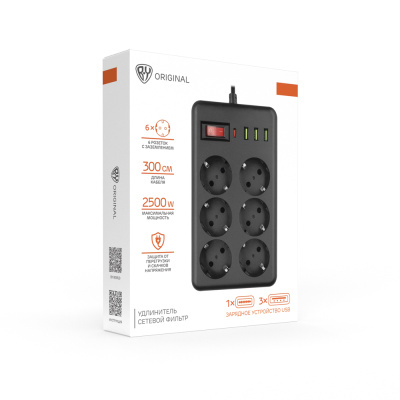 Удлинитель, сетевой фильтр 6 гнезд 3м BY Black, 3*USB, 1*type-C,выкл., 2500Вт,чёрный