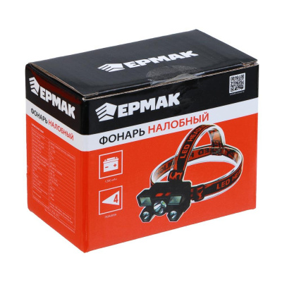 Фонарь налобный тм ЕРМАК, 6 + 3 LED, 4 режима, 87х50х58мм, 1200мАч, USB кабель, пластик