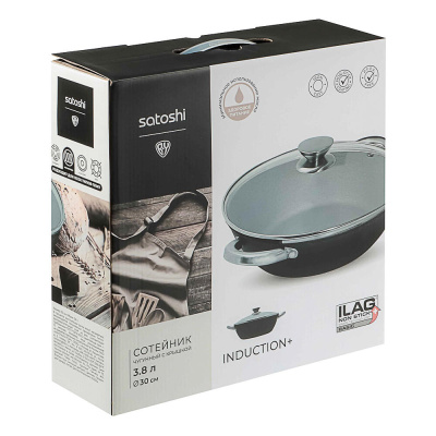 SATOSHI Сотейник глубокий со стекл.крышкой, чугун, 30см, 3.8л, антипр.покр, нерж.ручки