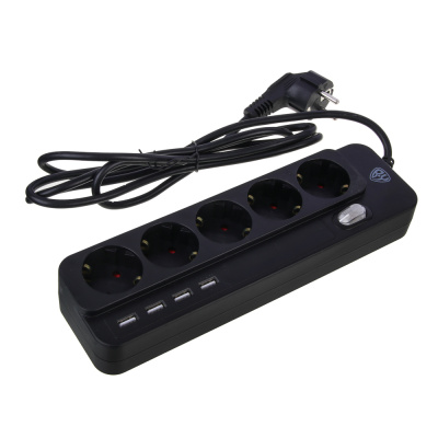 Удлинитель, сетевой фильтр 5 гнезд BY 2м, 4xUSB (3А), 0,75кв.мм,10А,2500Вт, чёрный