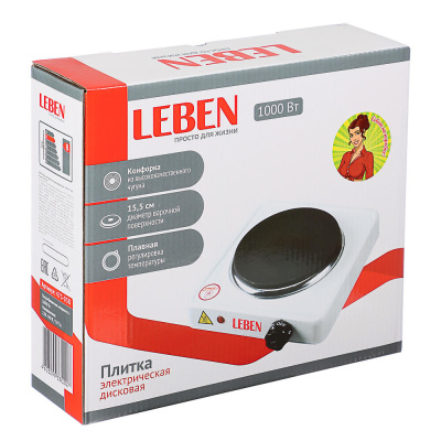 LEBEN Плитка электрическая одноконфорочная 1000Вт нагр. эл. диск d15,5см