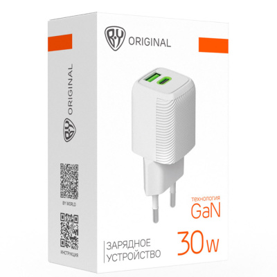 Сетевое зарядное устройство BY MINI 30Вт GaN,USB-C, USB-A, QC,PD,PPS,110-240В,50-60Гц,пластик,белый