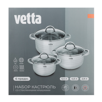 VETTA Фултон Набор кастрюль 6 пр. (2,9л+4,0л+5,4л) со стекл. крышкой
