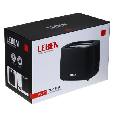 LEBEN Тостер, 650 Вт, 2 слота, регулятор мощности/степени прожарки, пластик, металл, чёрный