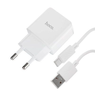 Сетевое зарядное устройство с кабелем hoco. модель C106A, USB-A 10.5Вт, каб Type-C 1м, цвет: белый
