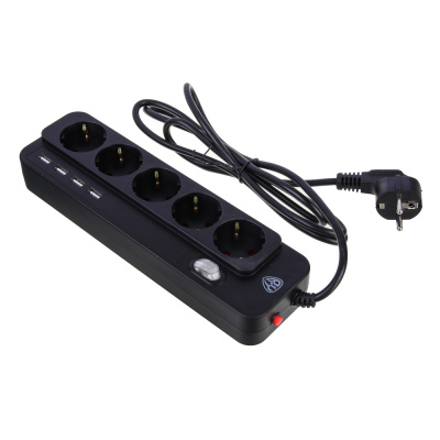 Удлинитель, сетевой фильтр 5 гнезд BY 2м, 4xUSB (3А), 0,75кв.мм,10А,2500Вт, чёрный