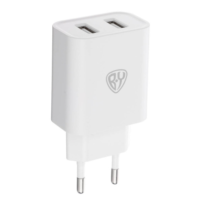 Сетевое зарядное устройство BY Double 10Вт, 2xUSB, 2А, 5В,110-240В, 50-60Гц, пластик белый