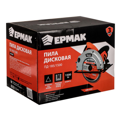 ЕРМАК Пила дисковая ПД-185/1500, 1500Вт,диск в ком185х 20мм, 5500 об/мин, макс. глубина пропила 60мм