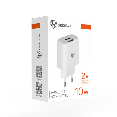 Сетевое зарядное устройство BY Double 10Вт, 2xUSB, 2А, 5В,110-240В, 50-60Гц, пластик белый
