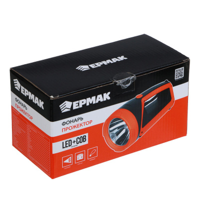 Фонарь прожектор тм ЕРМАК, LED + COB, 6 режимов, 2400мАч, Type-C кабель, 9х9х20см, пластик