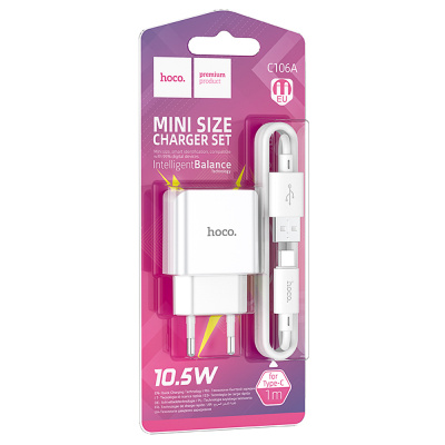 Сетевое зарядное устройство с кабелем hoco. модель C106A, USB-A 10.5Вт, каб Type-C 1м, цвет: белый