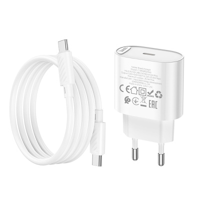 Сетевое зарядное устройство с кабелем hoco. модель C109A, USB-С 20Вт PD, каб C-C 1м, белый