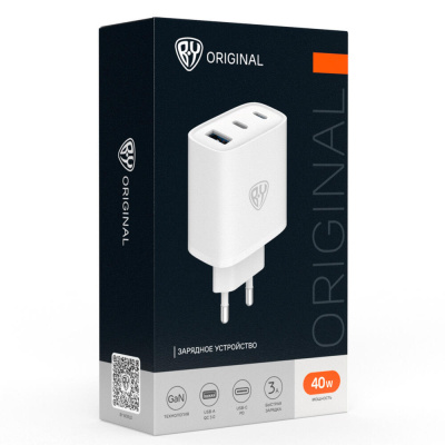 Сетевое зарядное устройство BY Smart 40Вт,2*USB-C, 1*USB-A, QC,PD,PPS,110-240В,50-60Гц,пластик,белый