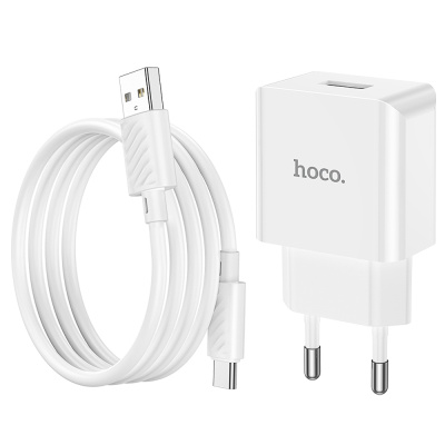Сетевое зарядное устройство с кабелем hoco. модель C106A, USB-A 10.5Вт, каб Type-C 1м, цвет: белый
