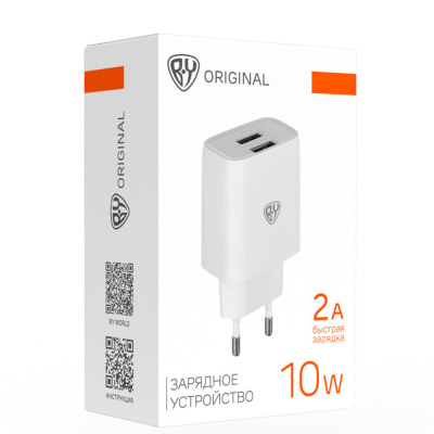 Сетевое зарядное устройство BY Double 10Вт, 2xUSB, 2А, 5В,110-240В, 50-60Гц, пластик белый