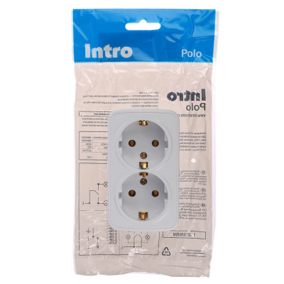 Розетка Intro Polo/Quadro двойная с заземлением 2х2P+E Schuko 16А-250В IP20 ОУ белый